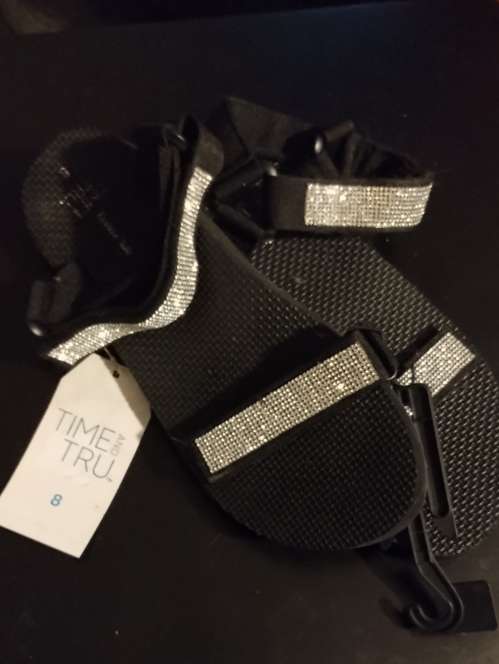 Time and Tru Black Sandals with Silver Rhinestone Straps